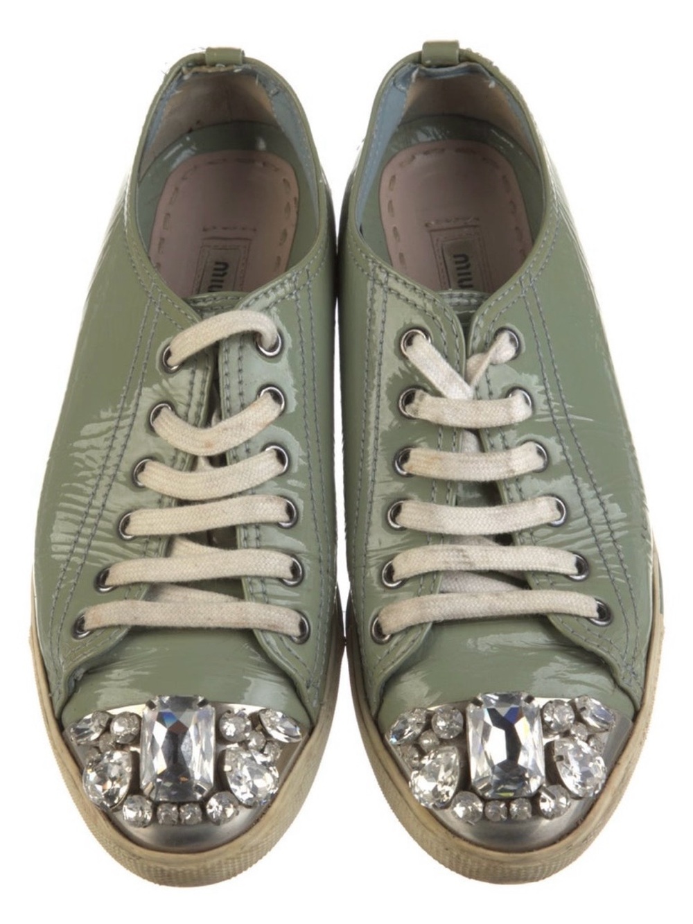 Miu Miu Sage Patent Leather Crystal-Toe Low-Top Sneakers